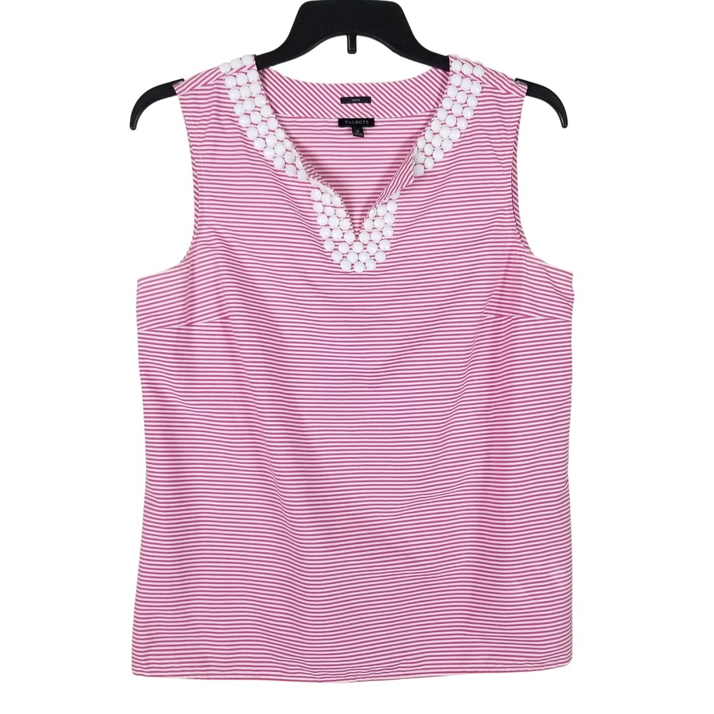 Talbots Sleeveless Top Womens 14 Pink White Striped Beaded Neckline Stretch